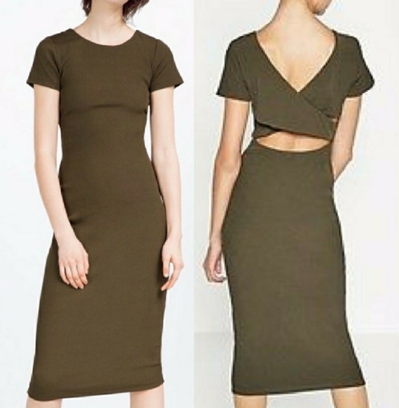 Zara Dresses & Skirts - ZARA Bodycon Olive Green Ribbed Back Dress